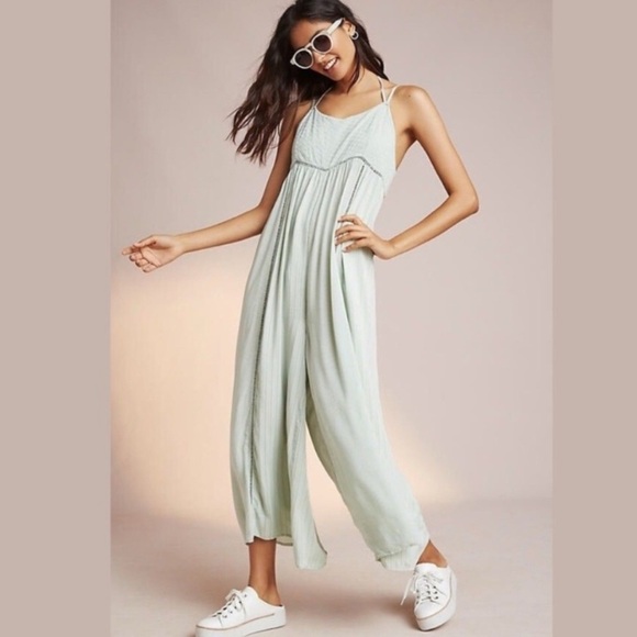 ANTHROPOLOGIE Lilka Womens Mint Green Halsey Embroidered Wide Leg Jumpsuit Large - Picture 1 of 15